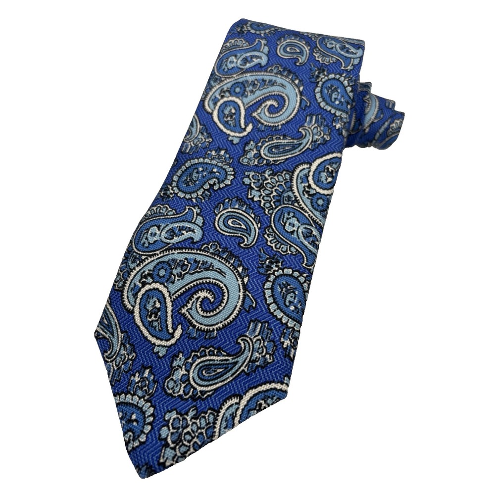 David Donahue Tie Men's 100% Silk STUNNING Blue's White Paisley 60" USA EUC